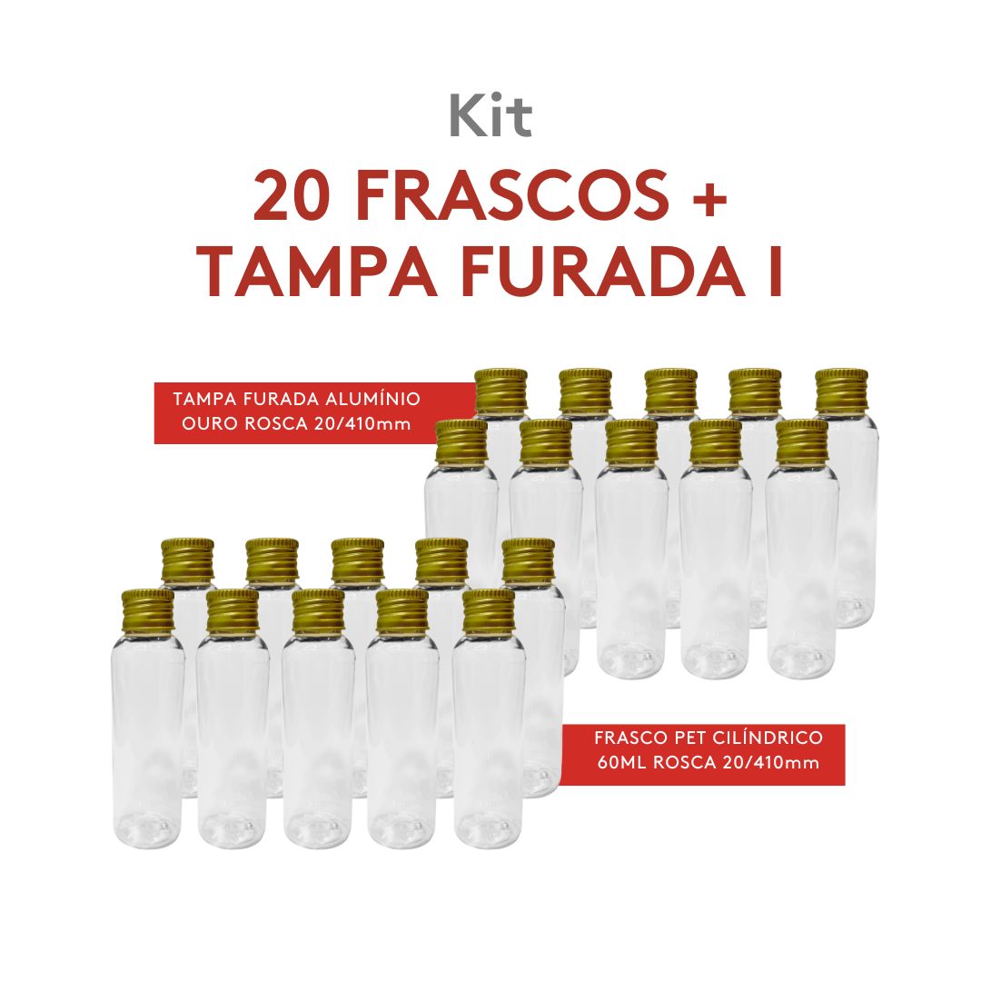Kit Frasco Cilíndrico 60ml C/ Tampa Furada Ouro
