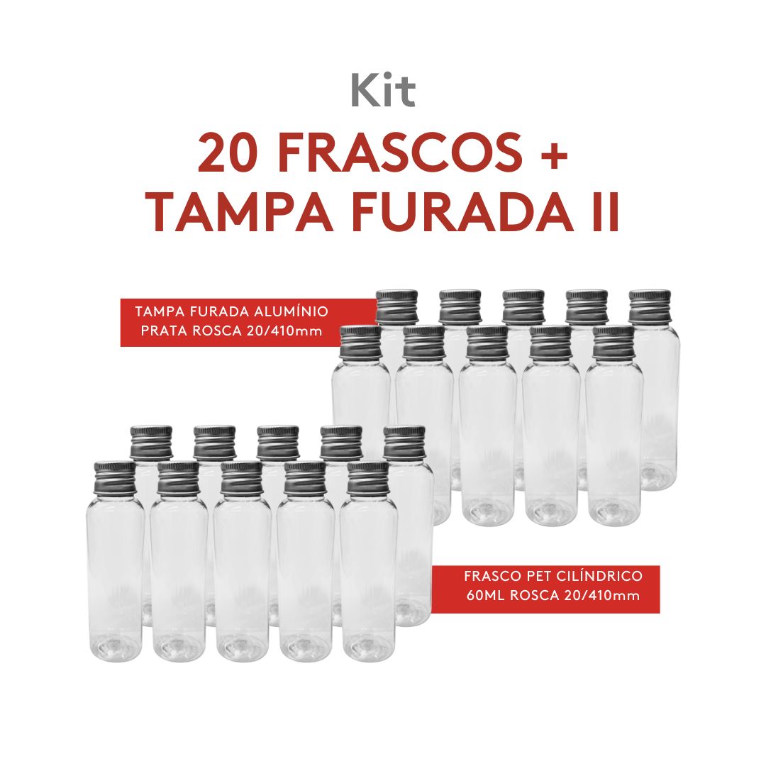 Kit Frasco Cilíndrico 60ml C/ tampa Furada Prata