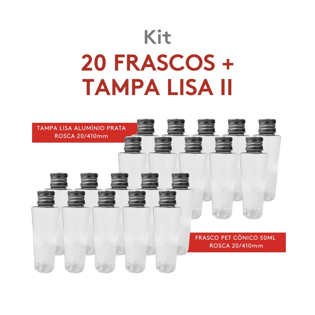 Kit Frasco Cônico 50ml C/ Tampa Lisa Prata