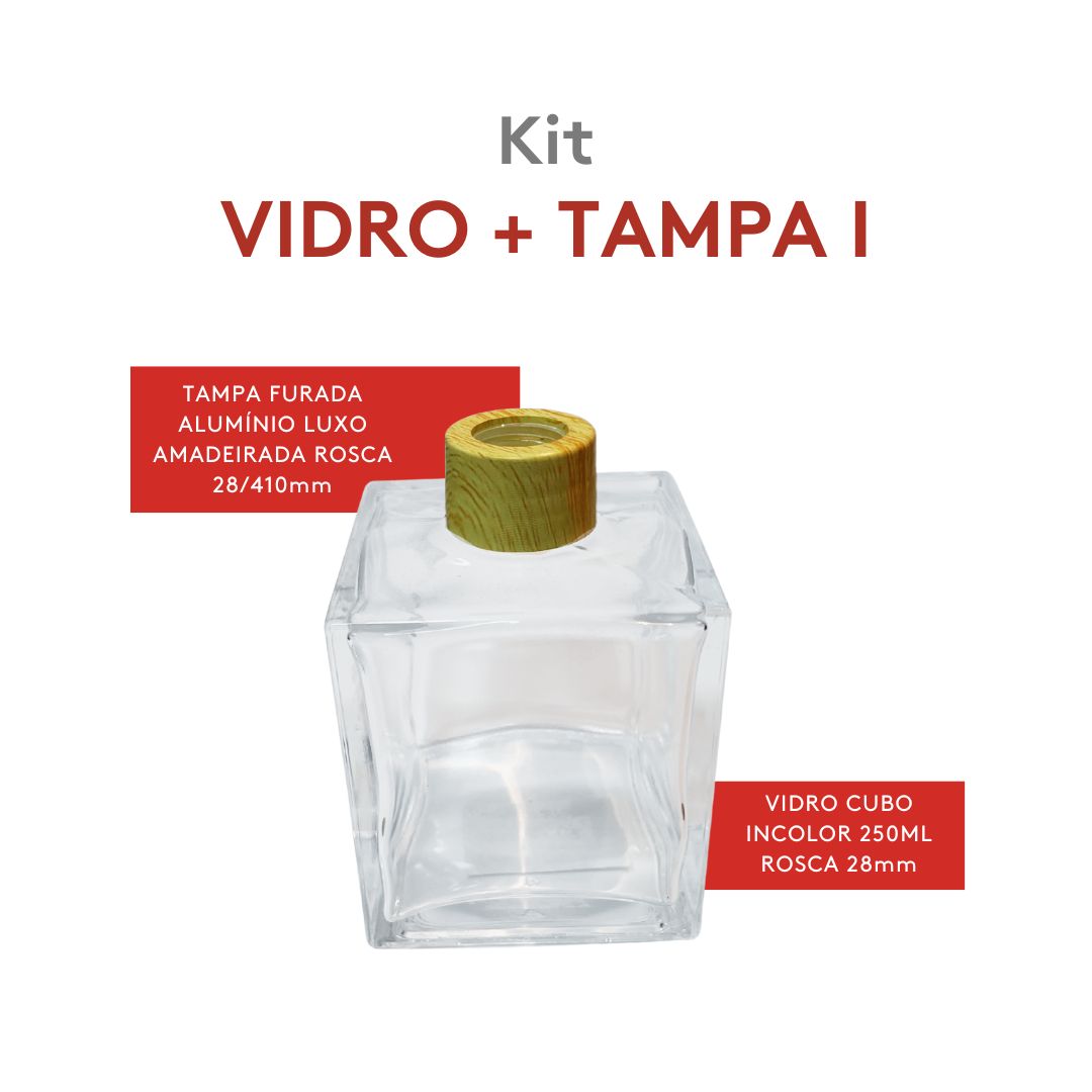 Kit Vidro Cubo Incolor 250ml C/ Tp Furada Amadeira