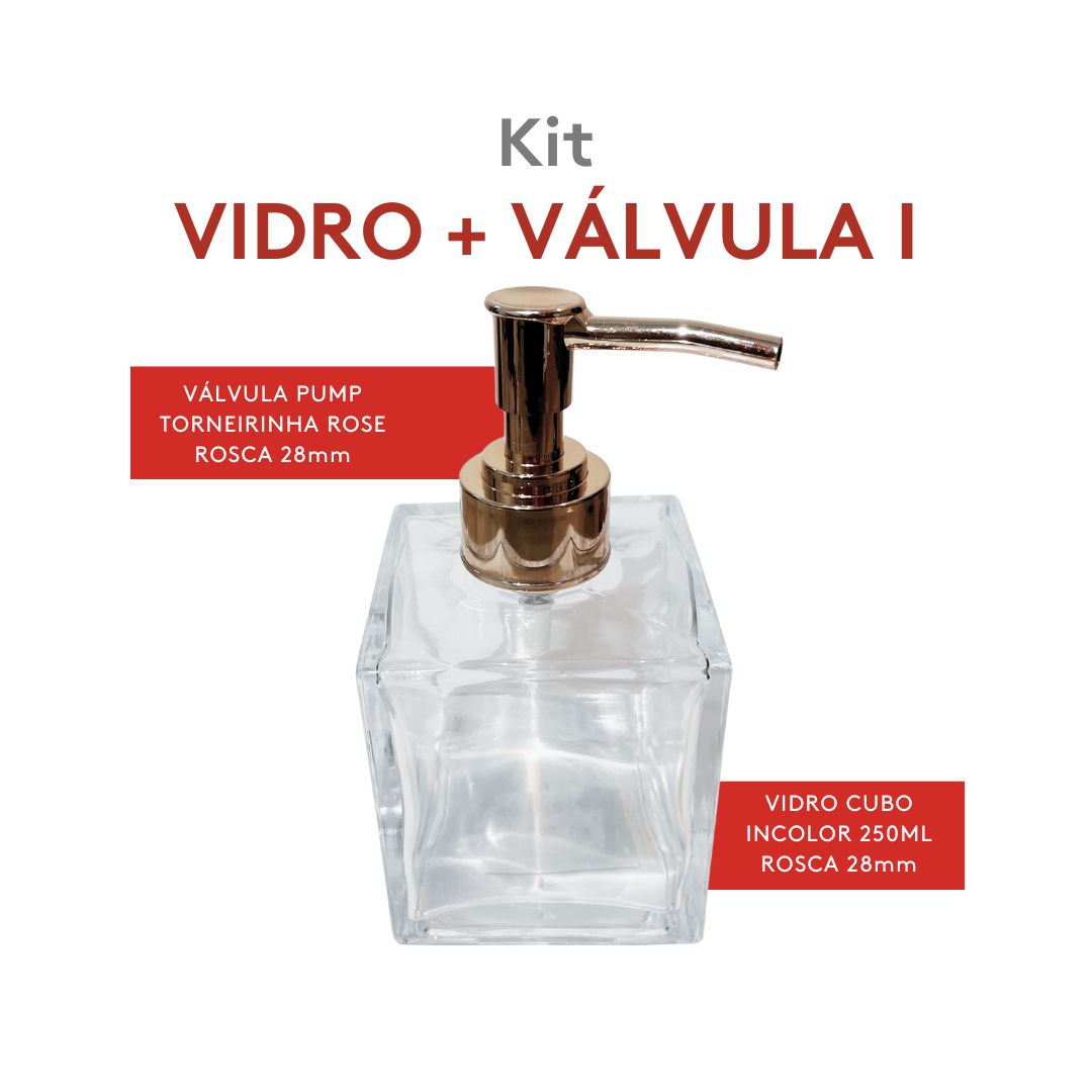 Kit Vidro Cubo Incolor 250ml C/ Torneirinha Rose